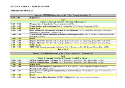 SUMMER SCHOOL – NN08, PRELIMINARY PROGRAM SaturdaySupervisors of the 1 st day: Frangis N., Lioutas C.) 08:00 – 9:00