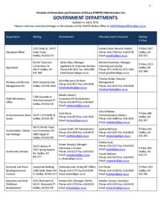 1 Freedom of Information and Protection of Privacy (FOIPOP) Administrators List GOVERNMENT DEPARTMENTS  Updated on July 8, 2014