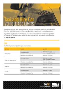 Taxi and Hire Car VEHICLE AGE LIMITS Age limits apply to both taxi and hire car vehicles in Victoria. Age limits are calculated from the build date shown on the original vehicle manufacturer’s compliance plate. Age lim