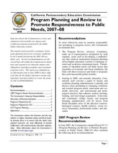 California Postsecondary Education Commission -- Program Planning and Review to Promote Responsiveness to Public Needs, 2007–08, Report 08-15