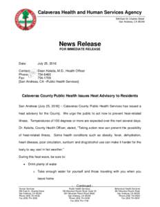 Calaveras Health and Human Services Agency 509 East St. Charles Street San Andreas, CANews Release FOR IMMEDIATE RELEASE