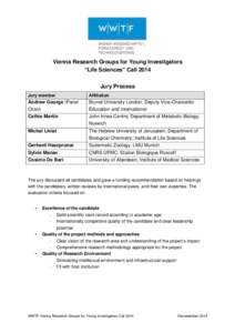 Vienna Research Groups for Young Investigators “Life Sciences” Call 2014 Jury Process Jury member  Affiliation