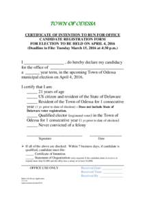 Certificate of Intention To Run For Office-Candidate Registration Form