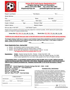 Spring 2010 Youth Soccer Registration Form Kingston Springs Parks and Recreation Office: ([removed]Fax: ([removed]kingstonsprings.net [removed]