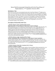 Sierra Club Environmental Voting Record for the Texas House of Representatives, 77th Legislative Session (2001)