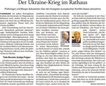 Der Ukraine-Krieg im Rathaus Po litologen und BOrger diskut ierten Ober den blutigsten europä ischen Konflikt d ieses Jahrzehnts spät