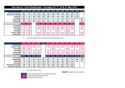 Services to / from Cleethorpes - Sundays 10, 17, 24 & 31 May 2015 Train B Train  Train