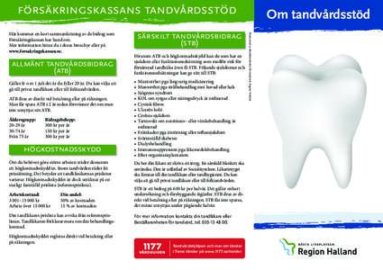 försäkringskassans tandvårdsstöd  allmänt tandvårdsbidrag (atb) Gäller fr o m 1 juli det år du fyller 20 år. Du kan välja att gå till privat tandläkare eller till folktandvården.