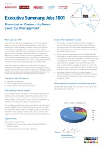 Media Partners:  Community Partners: Executive Summary: Jobs 1001 Presented to Community News