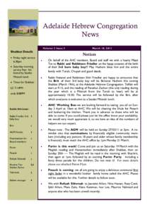 Adelaide Hebrew Congregation News Volume 3 Issue 3 Shabbat Details Friday night service