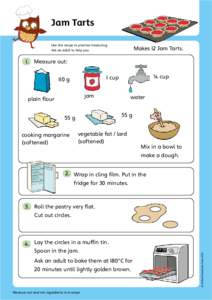 Jam Tarts Use this recipe to practise measuring. Makes 12 Jam Tarts.  Ask an adult to help you.