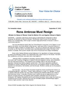 Rona Ambrose Must Resign - Minister for Status of Women Voted for Motion 312, and Against Women’s Rights