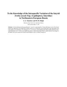 To the Knowledge of the Intraspecific Variation of the Satyrid Erebia euryale Esp. (Lepidoptera, Satyridae) in Northeastern European Russia