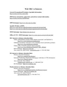 Web URL’s of interest. General Occupational/Workplace Specialist information. http://scotton.iweb.bsu.edu/os.htm PDP forms, instructions, point chart, and advisor contact information. http://scotton.iweb.bsu.edu/PDP.ht