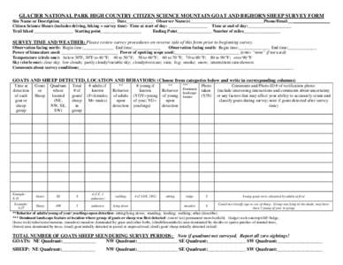 GLACIER NATIONAL PARK HIGH COUNTRY CITIZEN SCIENCE MOUNTAIN GOAT AND BIGHORN SHEEP SURVEY FORM Site Name or Description__________________________ Date_____________ Observer Name(s)__________________________________Phone/