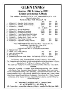 GLEN INNES Sunday 16th February, 2003 Events commence 9.30am Chief Stewards: Ted TaylorTracey TaylorSteward: James Kerr Nomination Fee: $Classes 1—10