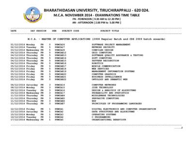 BHARATHIDASAN UNIVERSITY, TIRUCHIRAPPALLI[removed]M.C.A. NOVEMBER[removed]EXAMINATIONS TIME TABLE FN - FORENOON[removed]AM to[removed]PM ] AN - AFTERNOON[removed]PM to 5.00 PM ] --------------------------------------------