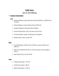 WOMT Notes June 10, 2014 Meeting 1. General Information: CVP • Keswick Release to upper Sacramento River @ 9000 cfs, to 9500 cfs this Thursday