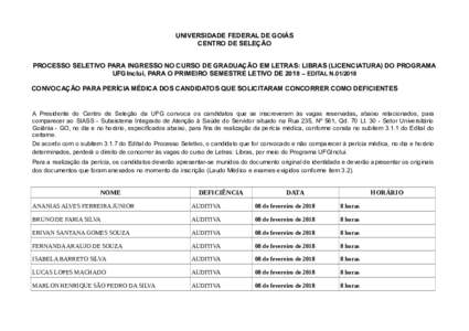 UNIVERSIDADE FEDERAL DE GOIÁS CENTRO DE SELEÇÃO PROCESSO SELETIVO PARA INGRESSO NO CURSO DE GRADUAÇÃO EM LETRAS: LIBRAS (LICENCIATURA) DO PROGRAMA UFGInclui, PARA O PRIMEIRO SEMESTRE LETIVO DE 2018 – EDITAL N.01/2