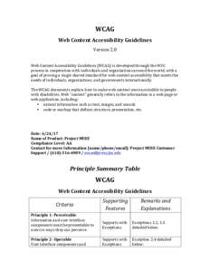 WCAG	 Web	Content	Accessibility	Guidelines	 Version	2.0 Web	Content	Accessibility	Guidelines	(WCAG)	is	developed	through	the	W3C