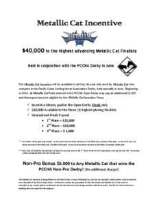 Metallic Cat Incentive $40,000 to the Highest advancing Metallic Cat Finalists Held in conjunction with the PCCHA Derby in June