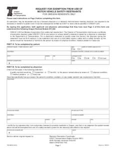 Oregon Department of Transportation Request for exemption from use of motor vehicle safety restraints