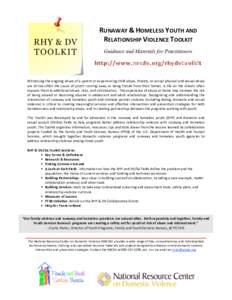 RUNAWAY & HOMELESS YOUTH AND  RELATIONSHIP VIOLENCE TOOLKIT      