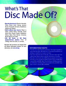 What’s That  Disc Made Of? • Bauxite (aluminum). Mined in Australia, China, Brazil, India, Guinea, Jamaica, Russia, Venezuela, Suriname, Kazakhstan,