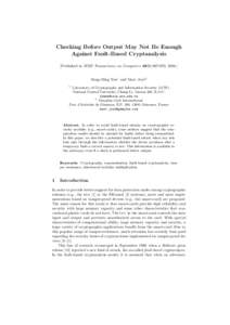 Checking Before Output May Not Be Enough Against Fault-Based Cryptanalysis [Published in IEEE Transactions on Computers 49(9):, Sung-Ming Yen1 and Marc Joye2 1