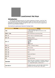 LossConnect Hot Keys Introduction Hot Keys are keyboard shortcuts for specific application functions. Using the TAB key to navigate from field to field and page to page, as well as the other Hot Keys, is preferable to na