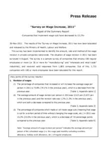 Press Release “Survey on Wage Increase, 2011” Digest of the Summary Report -Companies that implement wage cuts have decreased to 15.2%-  30-Nov-2011 The results of the “Survey on Wage Increase, 2011 has now been ta