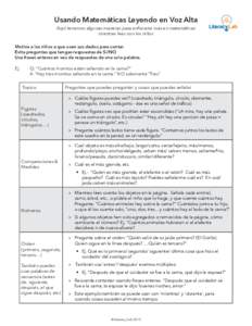 Usando Matemáticas Leyendo en Voz Alta Aquí tenemos algunas maneras para enfocarse más en matemáticas mientras lees con los niños Motiva a los niños a que usen sus dedos para contar. Evita preguntas que tengas resp