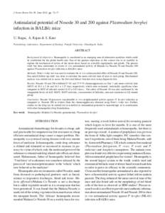 J Vector Borne Dis 49, June 2012, pp. 72–77  Antimalarial potential of Nosode 30 and 200 against Plasmodium berghei infection in BALB/c mice U. Bagai, A. Rajan & S. Kaur Parasitology Laboratory, Department of Zoology, 