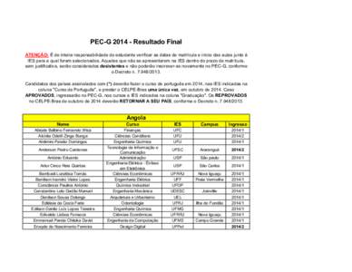 PEC-GResultado Final ATENÇÃO: É de inteira responsabilidade do estudante verificar as datas de matrícula e início das aulas junto à IES para a qual foram selecionados. Aqueles que não se apresentarem na IE