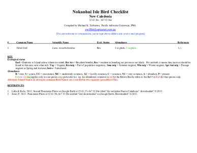 Nokanhui Isle Bird Checklist New Caledonia36s16e Compiled by Michael K. Tarburton, Pacific Adventist University, PNG. [You are welcome to communicate, just re-type above address into your e-mail program] #