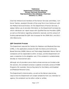 Testimony Department of Human Services Human Services Committee Representative Alon Wieland, Chairman January 17, 2012