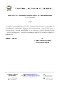 COMUNITA’ MONTANA VALLE STURA  Bando di gara per la gestione del servizio mensa scolastica per il plesso di Piano Quinto (CIG 5230253D4D) AVVISO