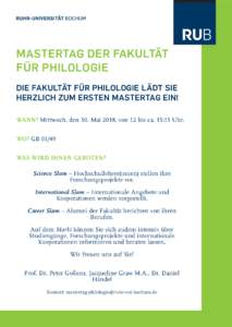 Mastertag der Fakultät für Philologie Die Fakultät für Philologie lädt Sie herzlich zum ersten Mastertag ein! Wann? Mittwoch, den 30. Mai 2018, von 12 bis ca. 15:15 Uhr. Wo? GB 03/49