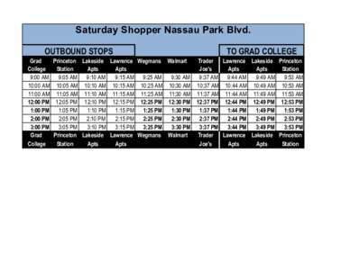 Saturday  Shopper  Nassau  Park  Blvd. OUTBOUND STOPS Grad Princeton Lakeside Lawrence Wegmans Walmart College Station