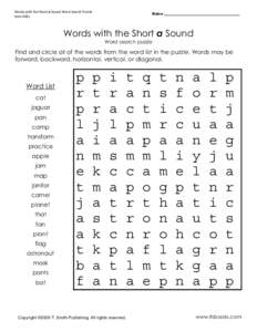 Words With the Short a Sound Word Search Puzzle