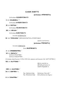 CLASSE INSETTI [sottoclasse APTERYGOTA] Sottoclasse OLIGOENTOMATA I Ord. COLLEMBOLA ^* Sottoclasse MYRIENTOMATA II Ord. PROTURA ^