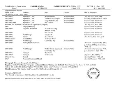 NAME: GALL, Ernest James PARISH: Mintlaw, ENTERED SERVICE: 25 May 1923; „Scotty‟ SCOTLAND 12 June 1932
