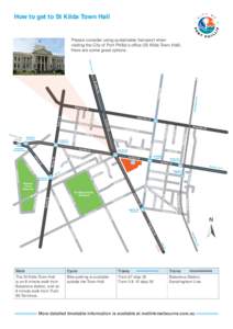 How to get to St Kilda Town Hall Please consider using sustainable transport when visiting the City of Port Phillip’s office (St Kilda Town Hall). Here are some great options. Tram No. 3