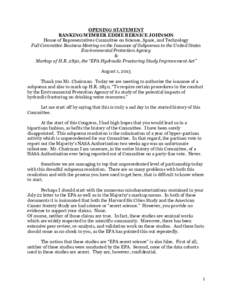 OPENING STATEMENT RANKING MEMBER EDDIE BERNICE JOHNSON House of Representatives Committee on Science, Space, and Technology Full Committee Business Meeting on the Issuance of Subpoenas to the United States Environmental 