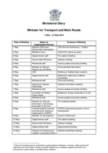 Ministerial Diary1 Minister for Transport and Main Roads 1 May – 31 May 2014 Date of Meeting