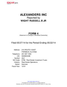 ALEXANDERS INC Reported by WIGHT RUSSELL B JR FORM 4