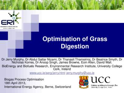 Optimisation of Grass Digestion Dr Jerry Murphy, Dr Abdul Sattar Nizami, Dr Thanasit Thamsiriroj, Dr Beatrice Smyth, Dr Nicholas Korres, Dr Anoop Singh, James Browne, Eoin Allen, David Wall. BioEnergy and Biofuels Resear