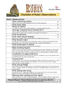 Date Observation Over-wintering robins Keep a tally and record the dates of all your winter sightings.  First male robin