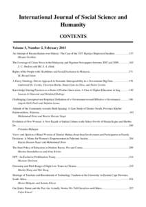 International Journal of Social Science and Humanity CONTENTS Volume 5, Number 2, February 2015 An Attempt of Reconciliation over History: The Case of the 1871 Ryukyu Shipwreck Incident……………..157 Mizuno Norihit