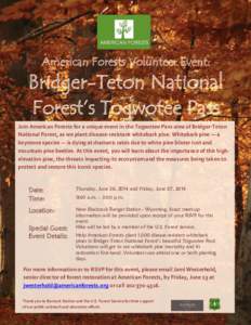 American Forests Volunteer Event:  Bridger-Teton National Forest’s Togwotee Pass Join American Forests for a unique event in the Togwotee Pass area of Bridger-Teton National Forest, as we plant disease-resistant whiteb